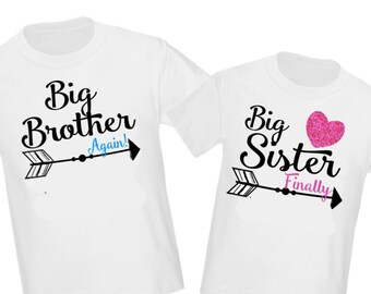 2 Big Brother Sister Arrow Shirts Set Siblings T-shirts Pregnancy Announcement