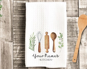 Personalized Tea Dish Towel - Watercolor Utensils Tea Towel Kitchen Décor - Housewarming Farm Decorations house Towel, Grandma Mom Gift