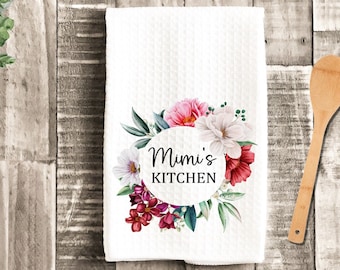 Personalized Kitchen Floral Watercolor Grandma Dish Towel - Mother's Day Mimi Tea Towel Kitchen Decor - Grandmother Gift Farm Decorations