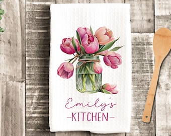 Personalized Kitchen Floral Tulips Watercolor Grandma Dish Towel - Mother's Day Tea Towel Kitchen Decor - New Home Gift Farm Decorations