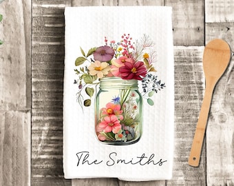 Personalized Dish Towel - Spring Flowers in Jar Tea Towel Kitchen - New Home Gift, Housewarming Farm Decorations house Decor Towel