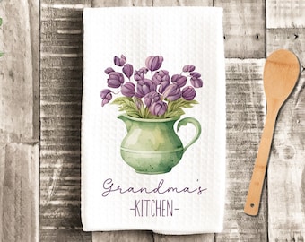 Personalized Kitchen Floral Watercolor Grandma Dish Towel - Mother's Day Nana Tea Towel Kitchen Decor - New Home Gift Farm Decorations