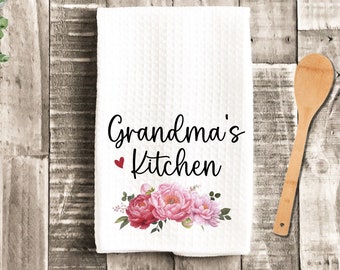 Grandma's Kitchen Pink Floral Personalized Dish Towel - Mother's Day Tea Towel Kitchen Decor - New Home Gift Farm Decorations house Towel