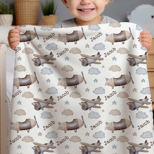 Personalized Airplanes Baby Name Blanket, Custom Gift For Boy,  Nursery Blanket, Toddler Gift