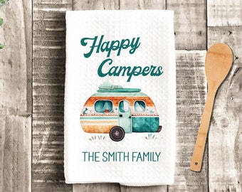 Happy Campers Watercolor Camp Dish Towel - Personalized Tea Towel Camper Kitchen Decor  - Camping RV Travel Trailer Kitchen Towel