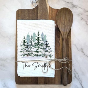 Cutting Board Spoon Personalized Winter Trees Tea Towel Gift, Christmas Gift, Closing Gift, Hostess Gift, Gift For Grandma, Mom
