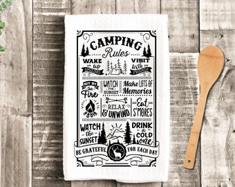 Camping Rules Sayings Funny Dish Towel - Tea Towel Camper Kitchen Decor  - Camping RV Travel Trailer Kitchen Towel