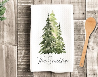 Personalizado Navidad acuarela árboles Feliz Navidad té plato toalla - decoración de la cocina de la toalla de té - toalla de decoración de la granja de bienvenida