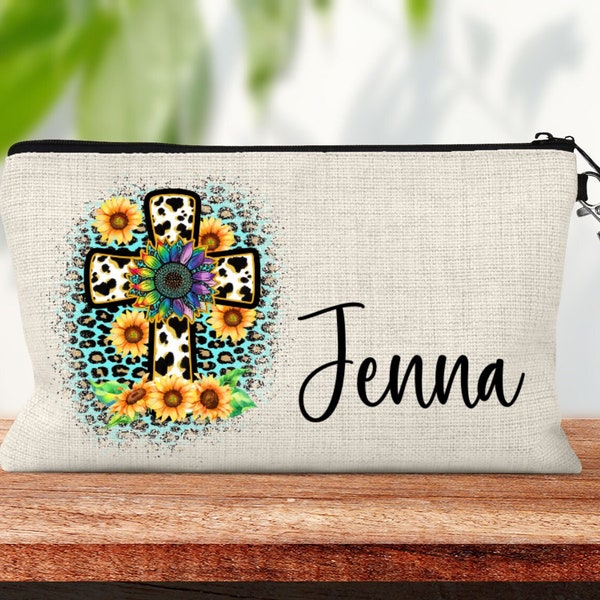 Personalized Floral Sunflower Cross Makeup Bag Gift, Best Friend Cosmetic Bag, Toiletry Bag, Device Bag, Christian Linen Make-up Bag Handle