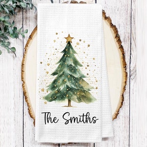 Personalized Green Gold Tree Merry Christmas Tea Dish Towel -  Fir Tree Tea Towel Kitchen Décor - Hostess Gift - Secret Santa