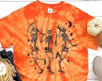 Dancing Skeletons Halloween Orange Skeleton Tie Dye Shirt Toddler Kids Adult Tie Dye T-shirt