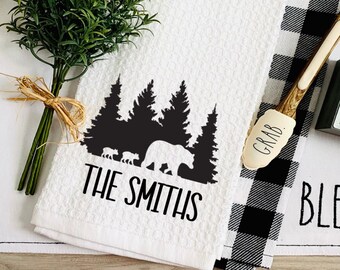 Bear Family Trees Personalized Tea Dish Towel -  Cabin Mountains Tea Towel Kitchen Décor - Housewarming Farm Decorations house Towel
