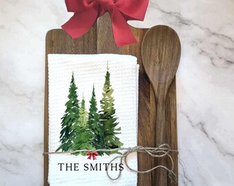 Cutting Board Spoon Personalized Christmas Winter Trees Tea Towel Gift, Wedding Gift, Closing Gift, Hostess Gift, Gift For Grandma