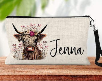 Highland Cow Wildflowers Personalized Makeup Bag, Best Friend Cow Gifts Cosmetic Bag, Toiletry Bag, Device Bag, Wedding Make-up Bag Handle