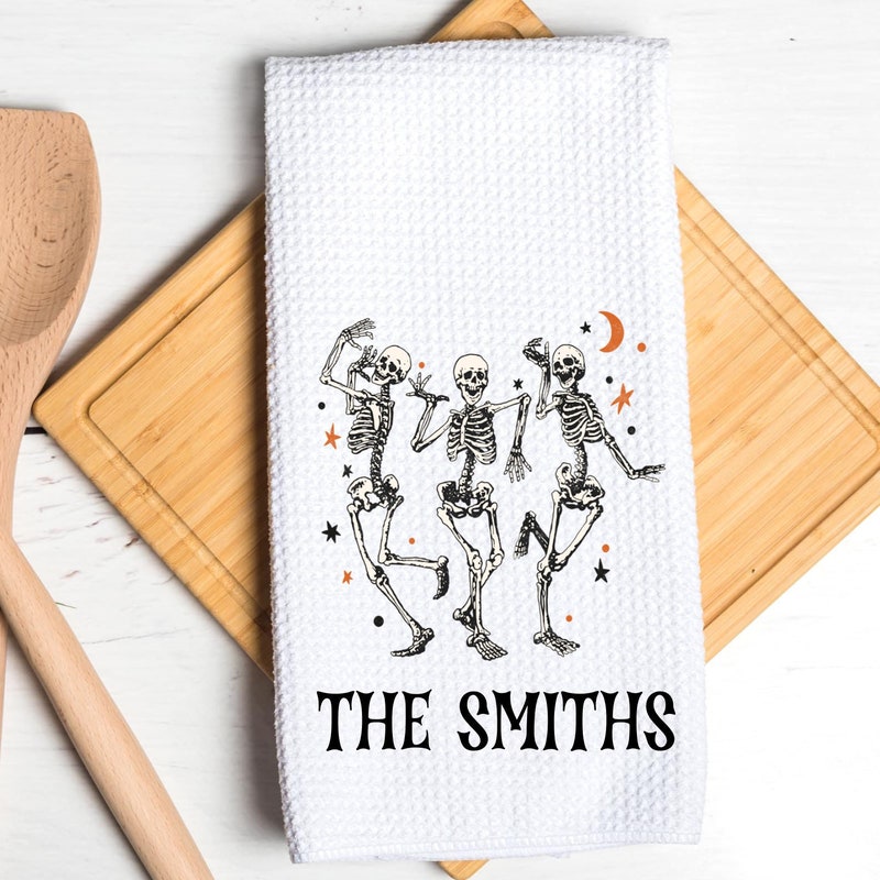 Dancing Skeletons Personalized Dish Towel, Fall Halloween Decor Thanksgiving Tea Towel Kitchen Decor, Farm Decorations House Towel