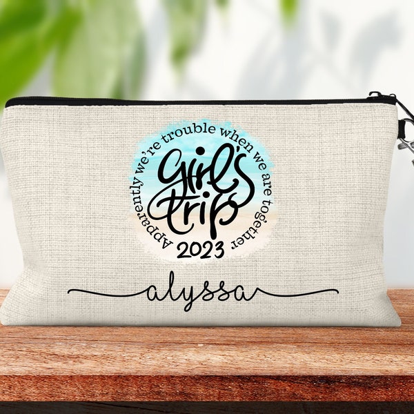 Girls Trip Personalized Makeup Bag, Best Friend Weekend Beach Getaway Gift Cosmetic Bag, Toiletry Bag, Device Bag, Linen Make-up Bag Handle