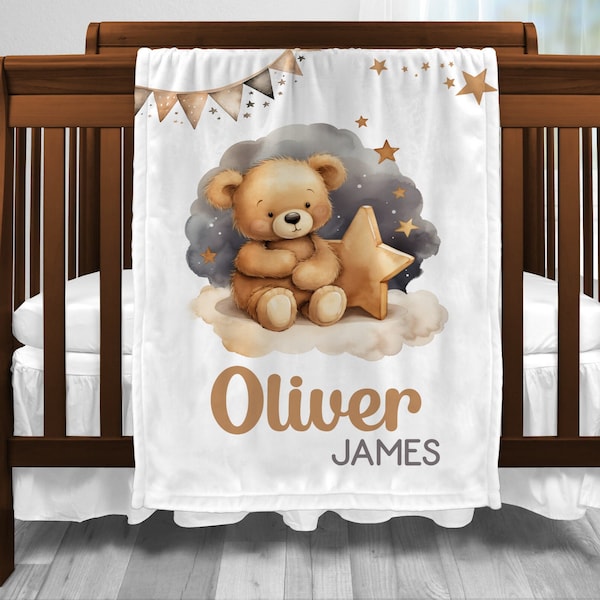 Personalized Teddy Bear Baby Gift Blanket, Gift For Boy, Babies Nursery Swaddle Blanket, Toddler Blanket