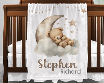 Personalized Sleeping Teddy Bear Baby Blanket, Nursery Swaddle Gift