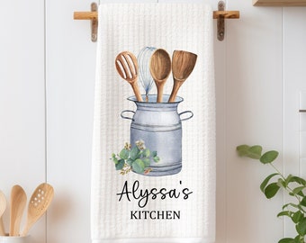 Personalized Farmhouse Kitchen Utensils Tea Dish Towel - Tea Towel Kitchen Décor - Housewarming Gift, Hostess Gift, Mother's Day Gift