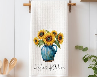 Sunflowers Vase Tea Dish Towel - Personalized Sunflower Bouquet Towel Kitchen Décor - Housewarming Decorations house Towel