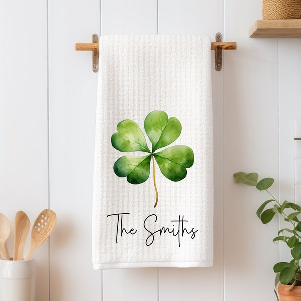 St. Patrick's Day Four Leaf Clover Personalized Dish Towel - Shamrock Tea Towel Kitchen Décor - Gift Farm Decorations house Decor Towel