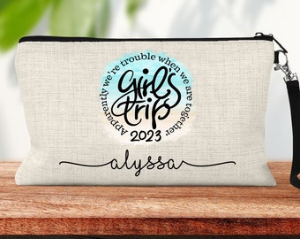 Girls Trip Personalized Makeup Bag, Best Friend Weekend Beach Getaway Gift Cosmetic Bag, Toiletry Bag, Device Bag, Linen Make-up Bag Handle