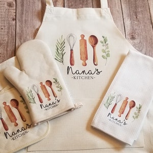 Personalized Linen Apron Set, Utensils Custom Oven Mitt Tea Towel Apron Gift Set Personalized Gifts for Mom, Mimi's Kitchen image 1