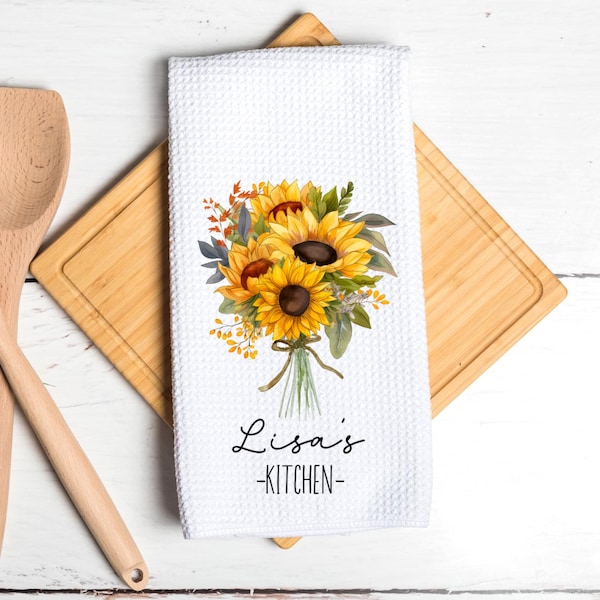 Personalized Tea Dish Towel - Sunflower Bouquet Floral Tea Towel Kitchen Décor - Housewarming Farm Decorations house Towel - Gift For Mom