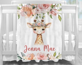 Personalized Baby Girl Giraffe Blanket, Gift For Girl, Safari Babies Nursery Blanket, Toddler Blanket