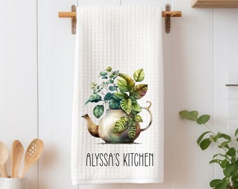 Personalized Plant In Tea Pot Dish Towel - Cute Kitchen Gift, New Home Gift, Housewarming Decorations house Decor Towel, Mother's Day Gift