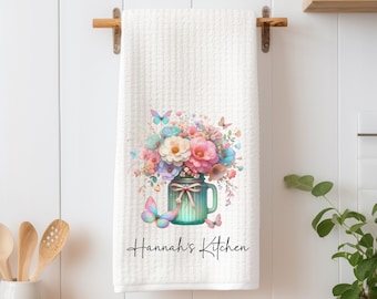 Personalized Floral Butterfly Dish Towel - Butterflies in Jar Tea Towel Kitchen - New Home Gift, Housewarming Decorations house Decor Towel