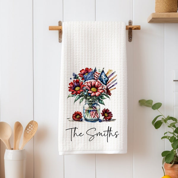 Patriotic Floral Vase Tea Dish Towel - Personalized Independence Day Towel Kitchen Décor - Housewarming Decorations house Towel
