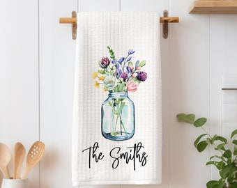 Personalized Floral Dish Towel - Spring Flowers in Jar Tea Towel Kitchen - New Home Gift, Housewarming Gift, Bridal Gift