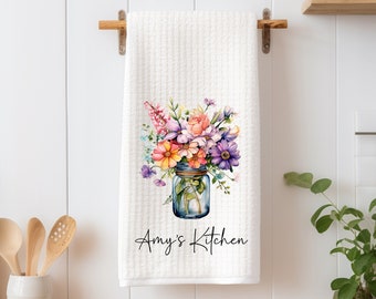 Personalized Floral Dish Towel - Spring Flowers in Jar Tea Towel Kitchen - New Home Gift, Housewarming Farm Decorations house Decor Towel