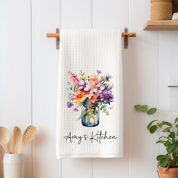 Personalized Floral Dish Towel - Spring Flowers in Jar Tea Towel Kitchen - New Home Gift, Housewarming Farm Decorations house Decor Towel