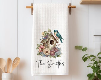 Personalized Watercolor Bird House Dish Towel - Spring Flowers Tea Towel Kitchen - New Home Gift, Housewarming Farm House Decorations