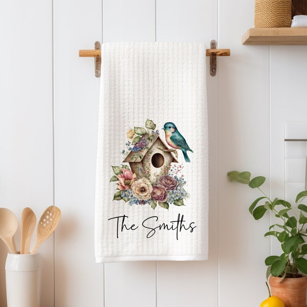 Personalized Watercolor Bird House Dish Towel - Spring Flowers Tea Towel Kitchen - New Home Gift, Housewarming Farm House Decorations