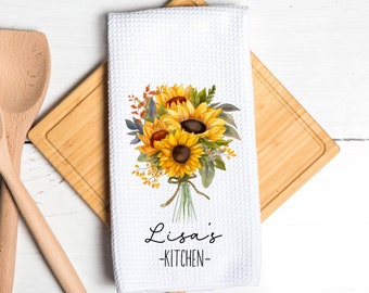 Personalized Tea Dish Towel - Sunflower Bouquet Floral Tea Towel Kitchen Décor - Housewarming Farm Decorations house Towel - Gift For Mom