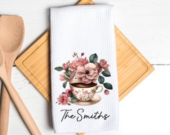 Personalized Coffee Cup Floral Dish Towel – New Home Gift