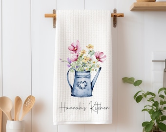 Personalized Wildflowers Kitchen Floral Watering Can Bouquet Watercolor Dish Towel - Tea Towel Kitchen Decor  - Personalized Gift