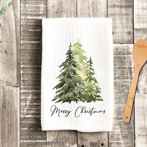 Christmas Watercolor Trees Merry Christmas Tea Dish Towel -  Fir Tree Tea Towel Kitchen Décor - Housewarming Farm Decorations house Towel