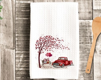 Valentine's Day Gnome Hearts Truck Dish Towel - Heart Tea Towel Kitchen Decor - New Home Gift Farm Decorations house Decor Towel