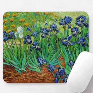 May include: A vibrant painting of blue irises with white flowers in the background. The painting is set against a green grassy field with a brown dirt path.