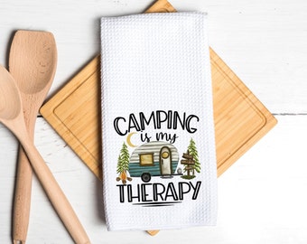 Camping Is My Therapy Camp Dish Towel - Tea Towel Camper Kitchen Decor  - Camping RV Travel Trailer Kitchen Towel