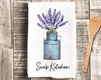 Personalized Antique Jug Tea Dish Towel - Lavender Floral Tea Towel Kitchen Décor - Housewarming Farm Decorations house Towel - Gift For Mom