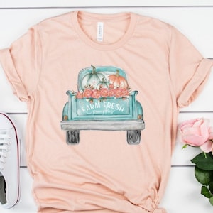 Vintage Blue Watercolor Farm Fresh Truck Fall Autumn Pumpkin Patch Novelty T-Shirt