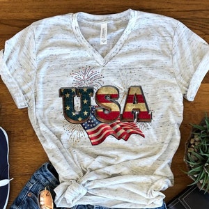 USA Flag Americana American Pride Unisex V Neck Graphic Tee T-Shirt