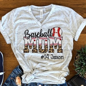 Baseball Mom Leopard Print Personalized Baseball Mom  Unisex V Neck T-Shirt