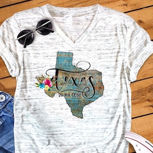 Texas In My Soul Floral Watercolor Unisex V Neck Graphic Tee T-Shirt