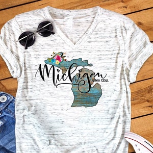 Michigan In My Soul Floral Watercolor Unisex V Neck Graphic Tee T-Shirt